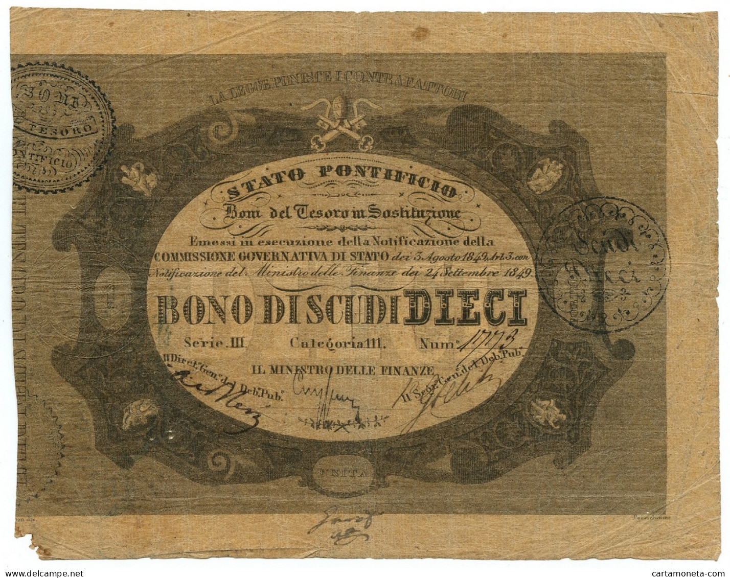 10 SCUDI STATO PONTIFICIO BONI DEL TESORO IN SOSTITUZIONE 24/09/1849 MB/BB - Altri & Non Classificati