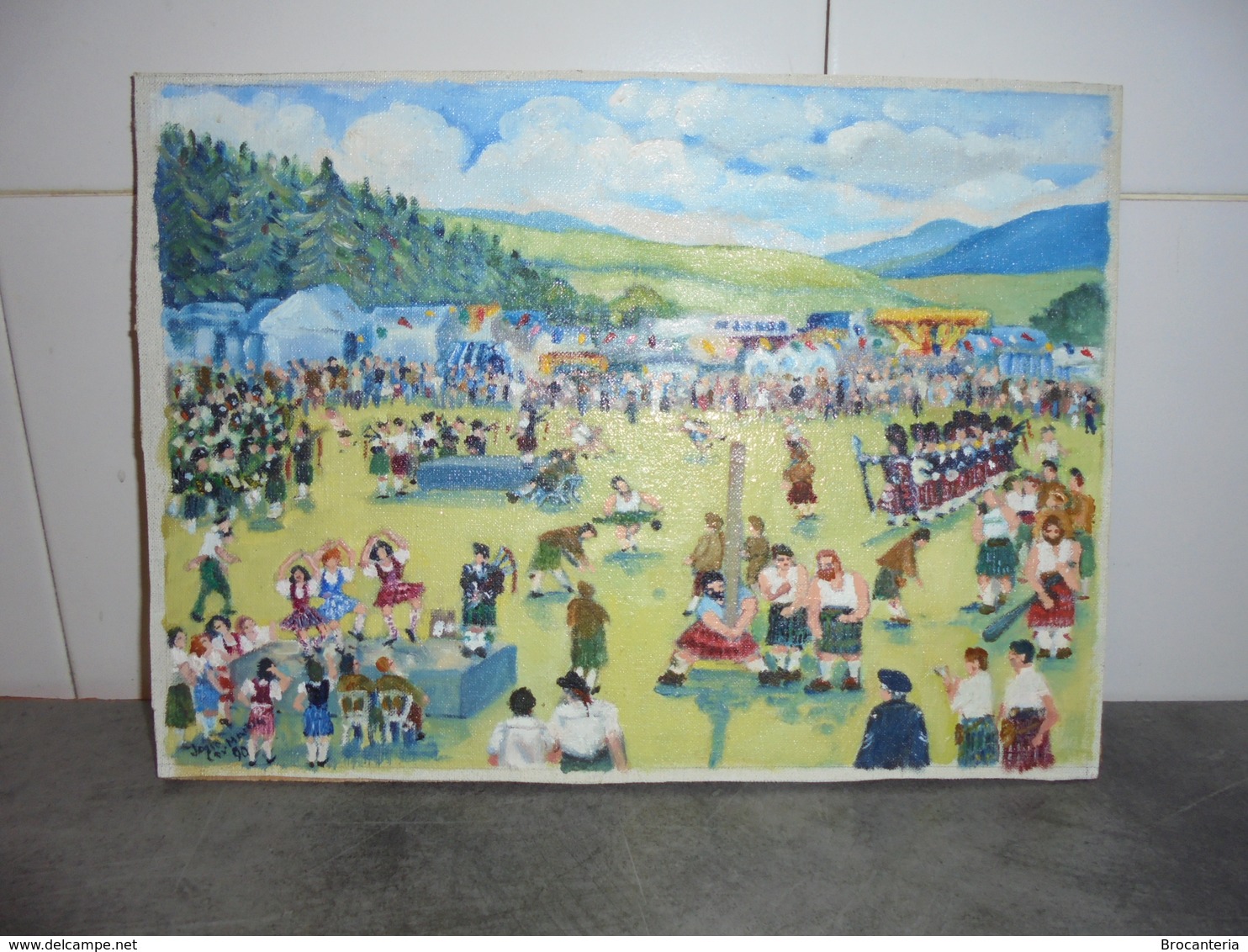 RARE HIGHLAND GAMES ECOSSE 1989 TABLEAU PEINTURE SPORT DES CLANS ÉCOSSAIS - Olii