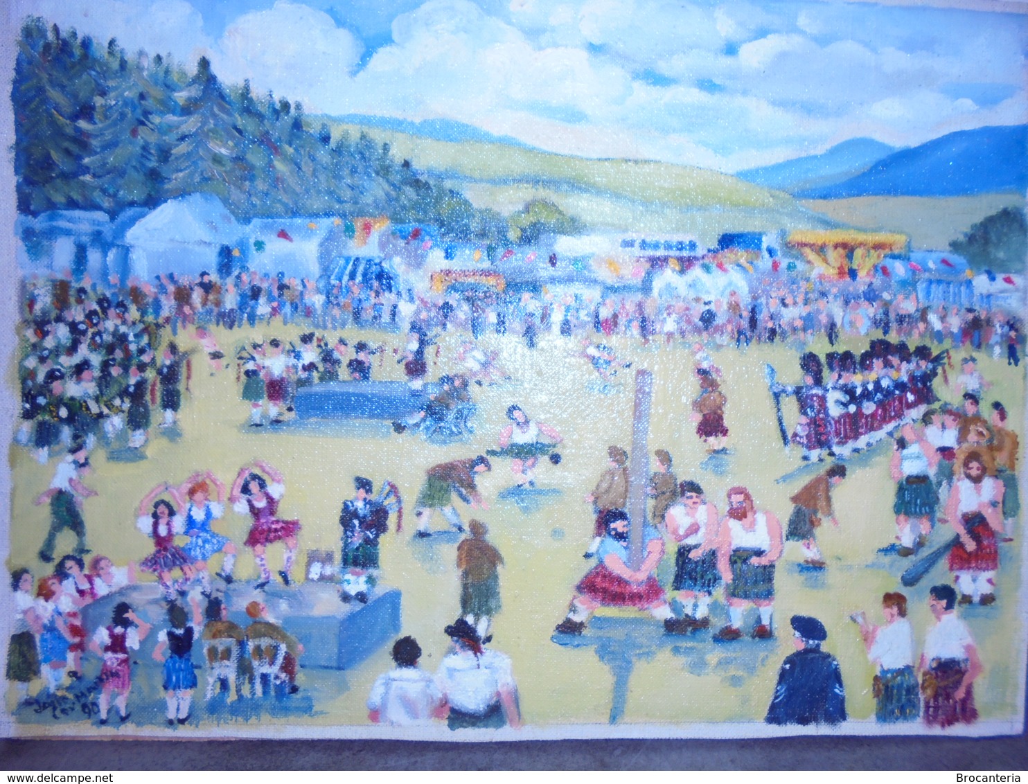 RARE HIGHLAND GAMES ECOSSE 1989 TABLEAU PEINTURE SPORT DES CLANS ÉCOSSAIS - Olii