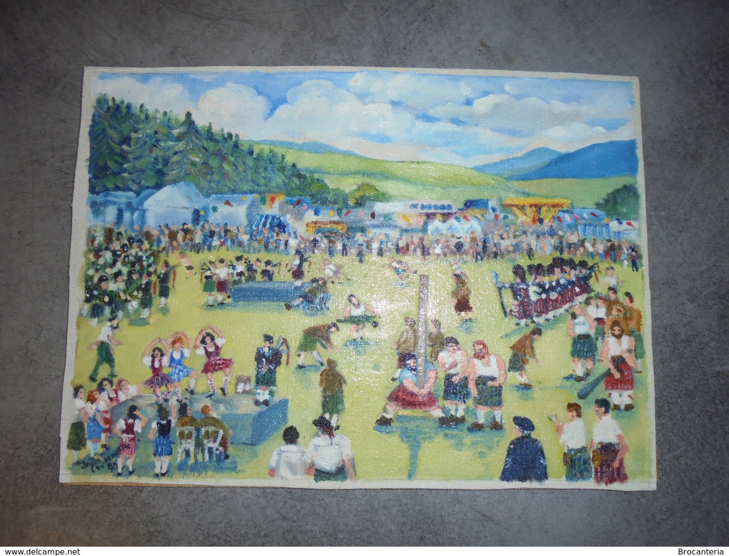 RARE HIGHLAND GAMES ECOSSE 1989 TABLEAU PEINTURE SPORT DES CLANS ÉCOSSAIS