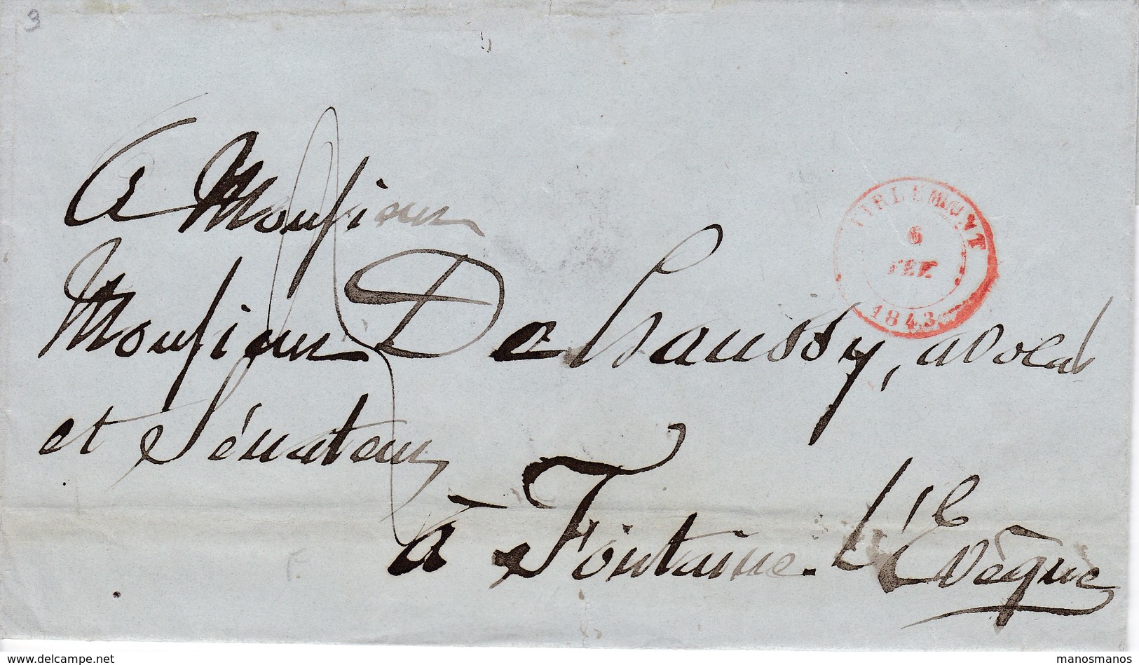 452DT - Lettre Précurseur TIRLEMONT 1843 Vers FONTAINE L' EVEQUE - Verso RARE Cachet Négatif SERVICE DES POSTES - 1830-1849 (Belgica Independiente)