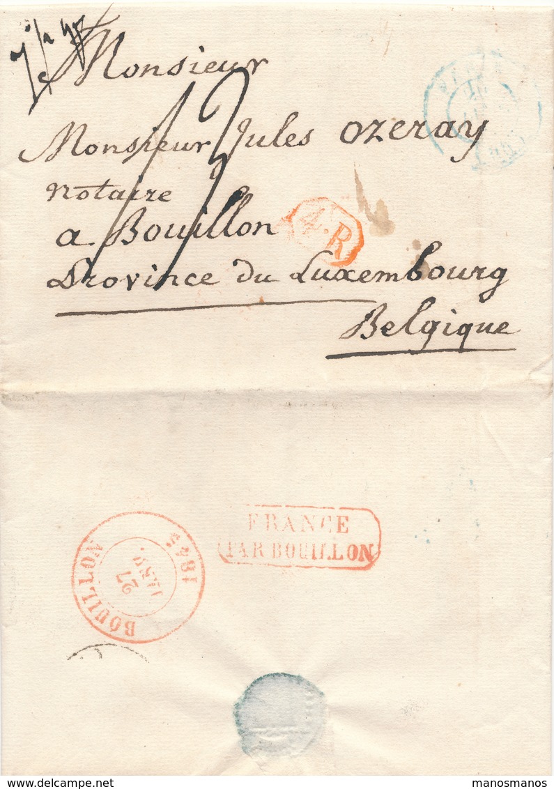 453DT - Lettre Précurseur PARIS 1845 Vers BOUILLON - Verso RARE Marque De Passage France Par Bouillon - Doorgangstempels