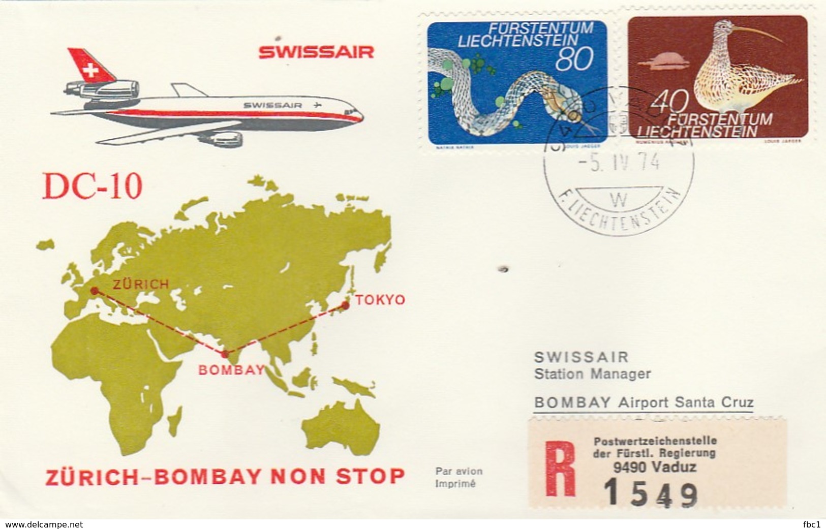 Liechtenstein - Flight Zürich - Bombay - Swissair (Registered Vaduz) DC-10  1974 - Lettres & Documents