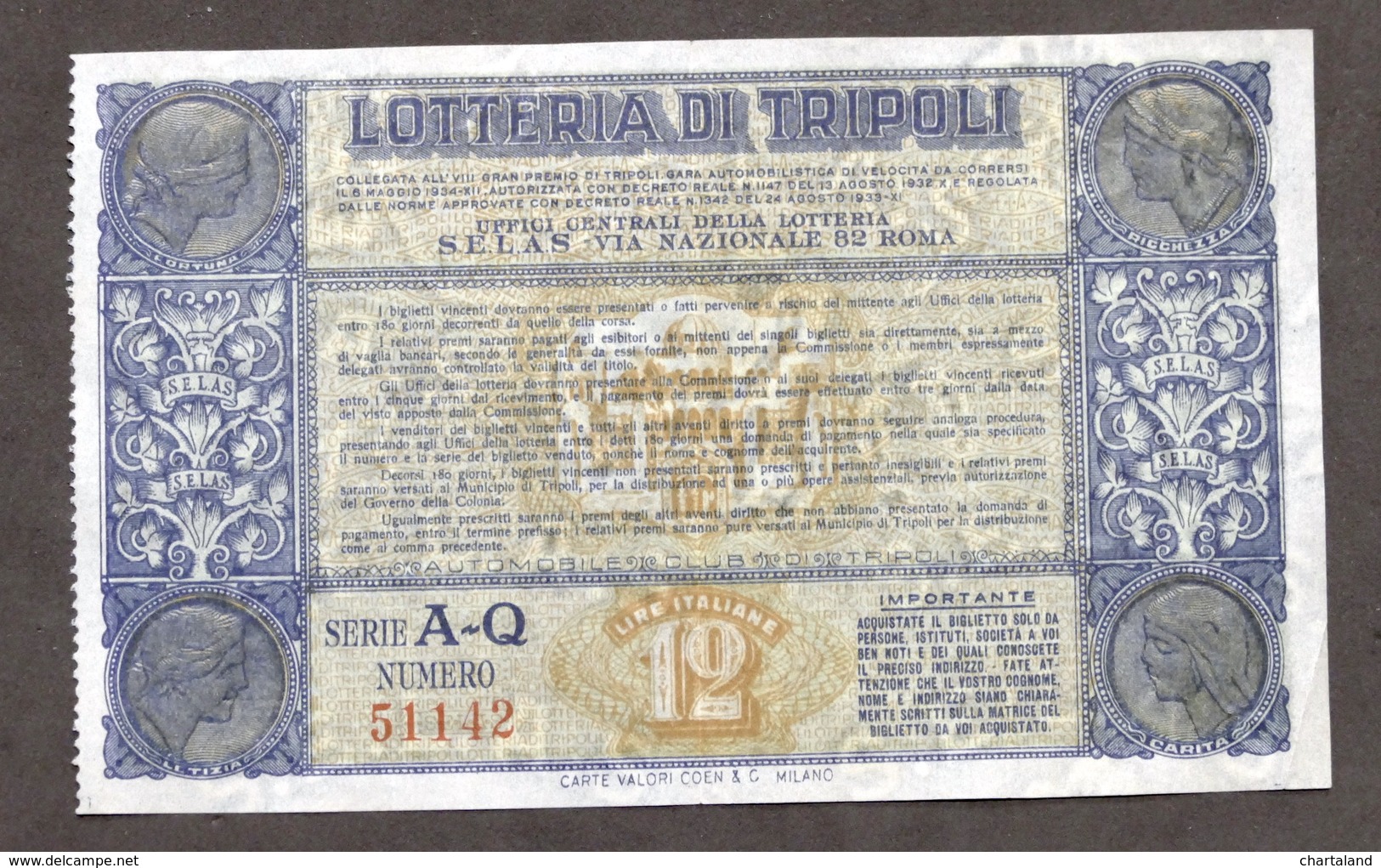 Biglietto Lotteria Di Tripoli - Serie A-Q - Anno 1934 - Biglietti Della Lotteria