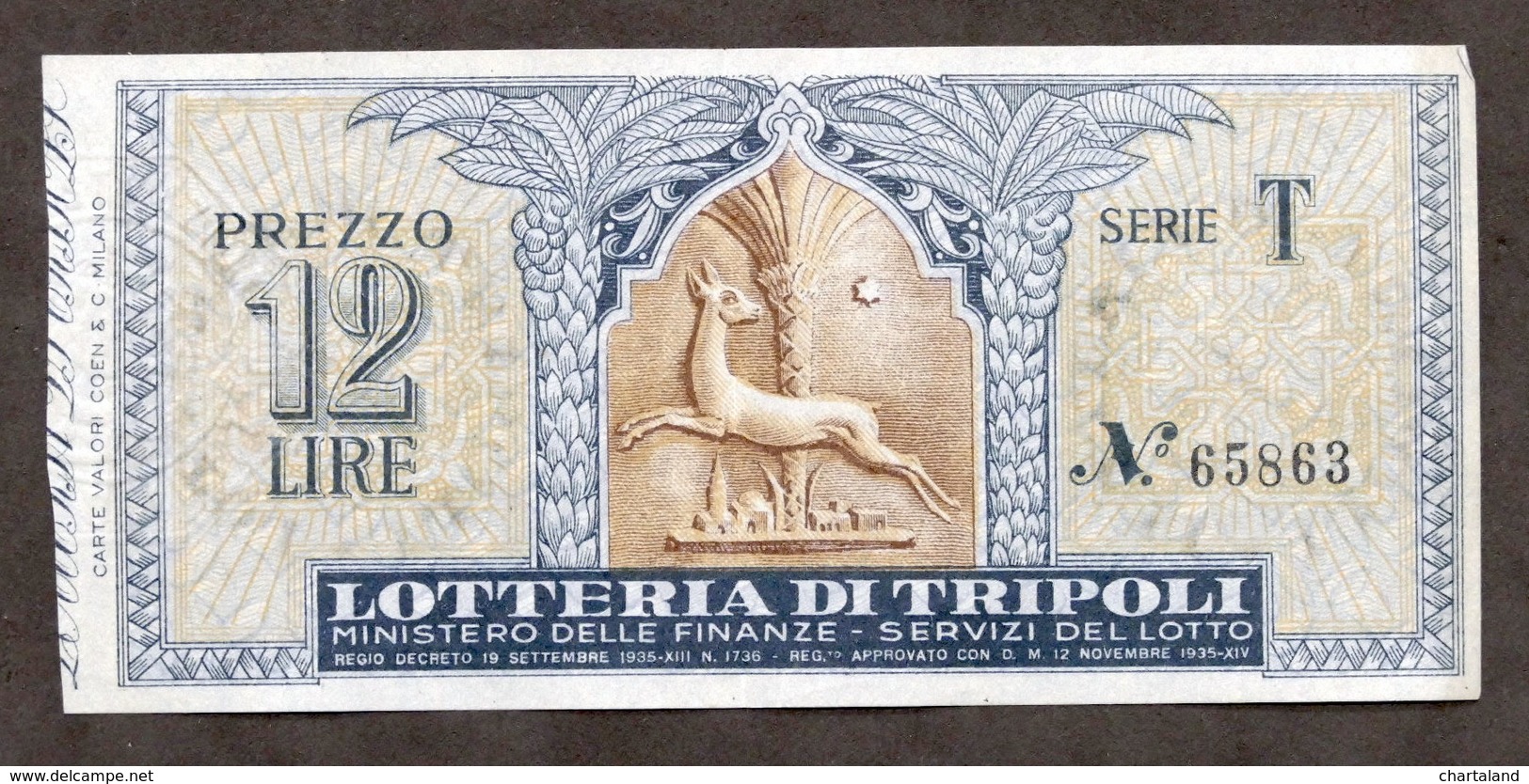 Biglietto Lotteria Di Tripoli - Serie T - Anno 1935 - Biglietti Della Lotteria