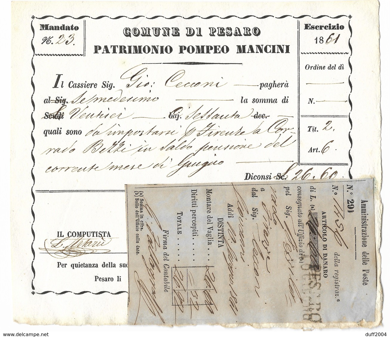 COMUNE DI PESARO - PARTIMONIO POMPEO MANCINI - 29.3.1862. - Storia Postale