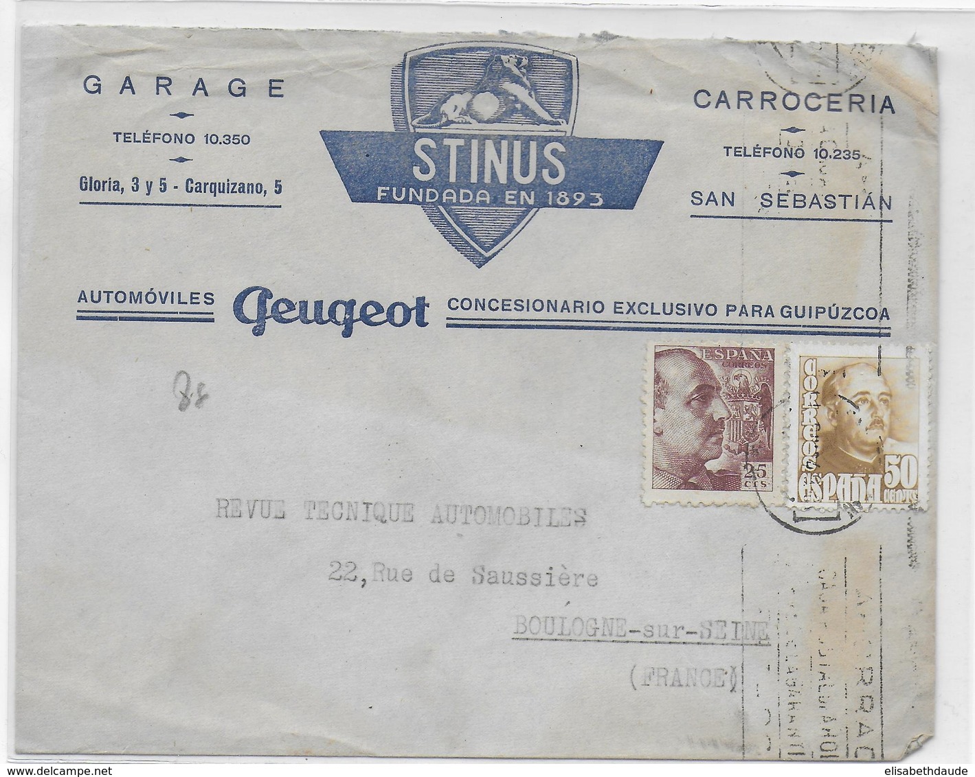 ESPAGNE - 1957 - ENVELOPPE PUB ILLUSTREE (AUTOMOBILES PEUGEOT) De SAN SEBASTIAN => BOULOGNE - Covers & Documents