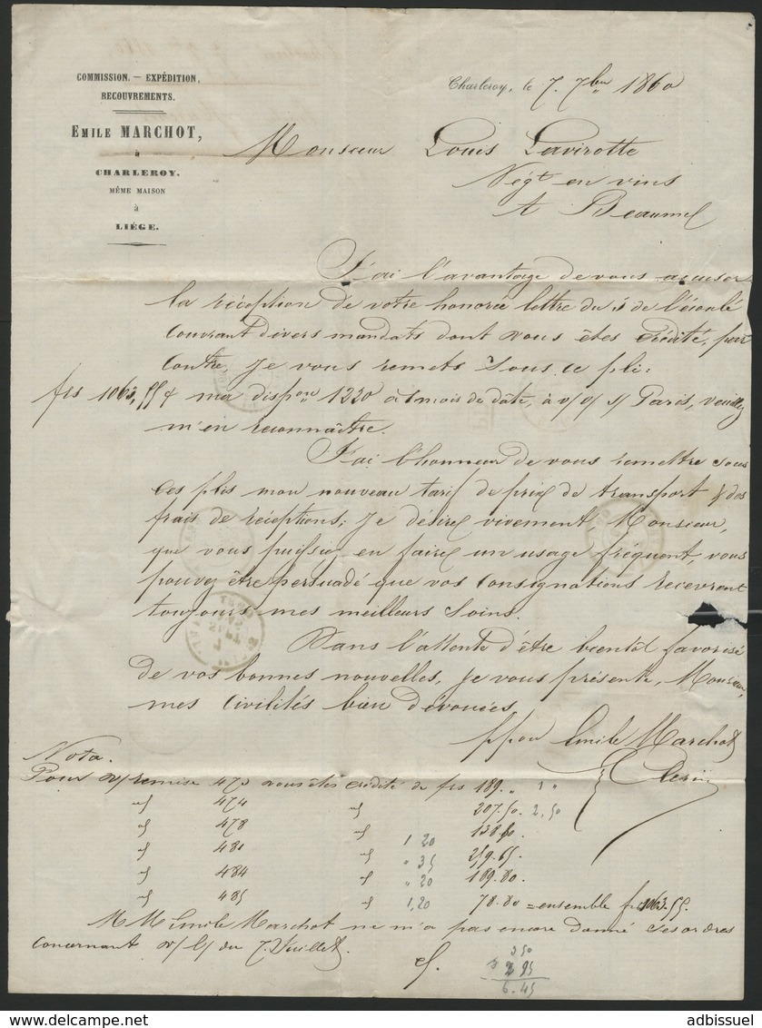 Belgique 1860 N° 12 (x2) Double Port De Charleroy Pour La France. Voir Description - 1858-1862 Médaillons (9/12)
