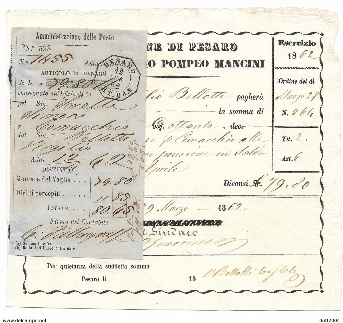 COMUNE DI PESARO - PARTIMONIO POMPEO MANCINI - 8.6.1861. - Storia Postale