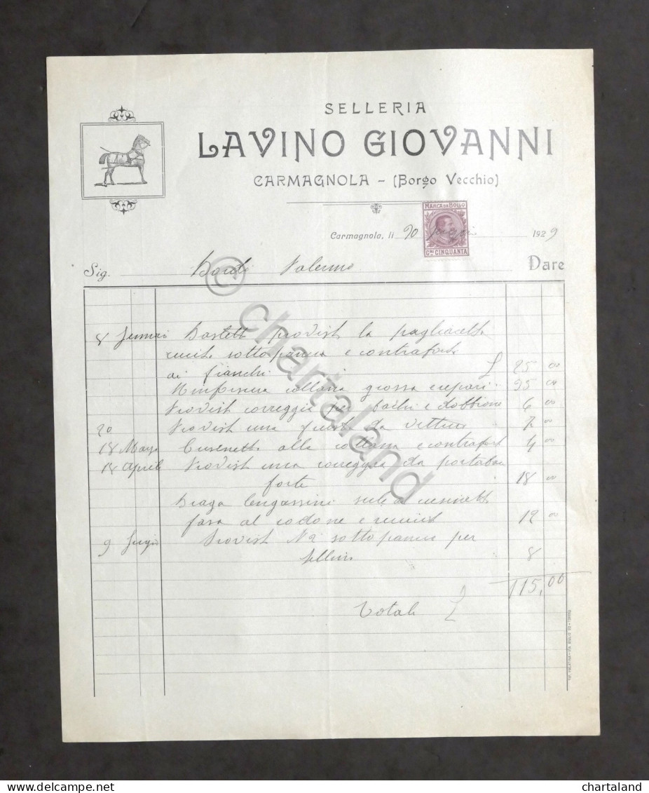 Pubblicità - Selleria Lavino Giovanni - Carmagnola - Fattura Luglio 1929 - Advertising