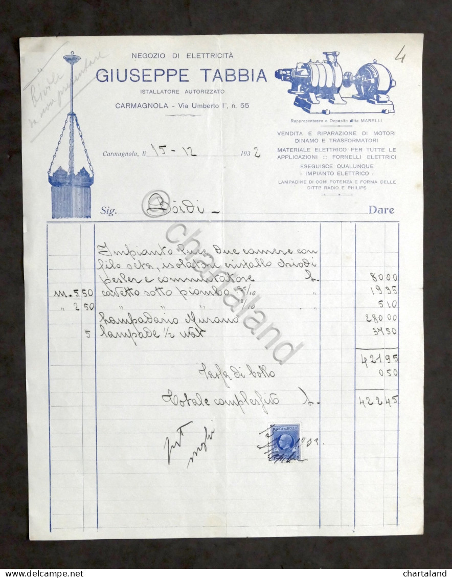 Pubblicità - Negozio Di Elettricità Giuseppe Tabbia - Carmagnola - Fattura 1932 - Pubblicitari