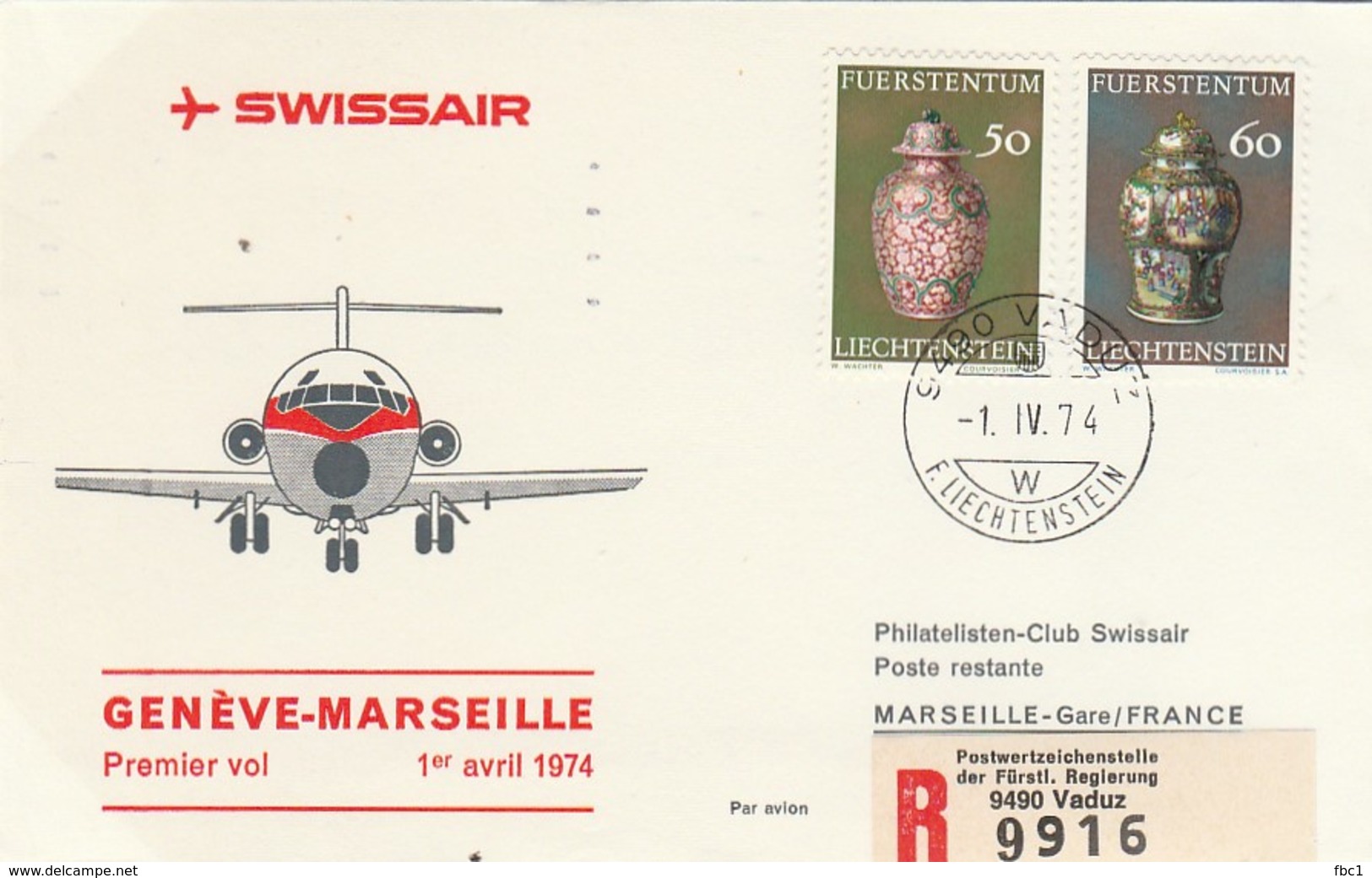 Liechtenstein - Flight Genève-Marseille  Swissair (Registered Vaduz) 1974 - Covers & Documents