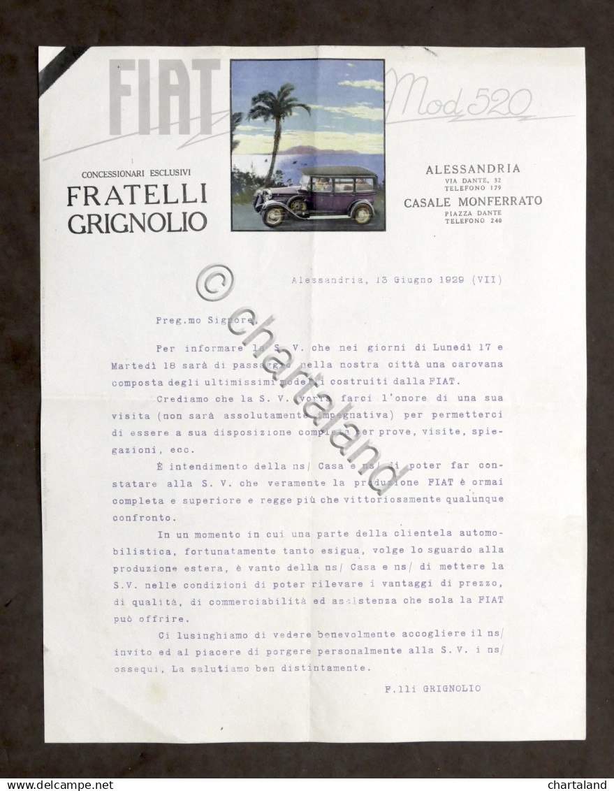 Pubblicità Concessionaria Fiat Grignolio Alessandria - Invito Prova Vetture 1929 - Pubblicitari