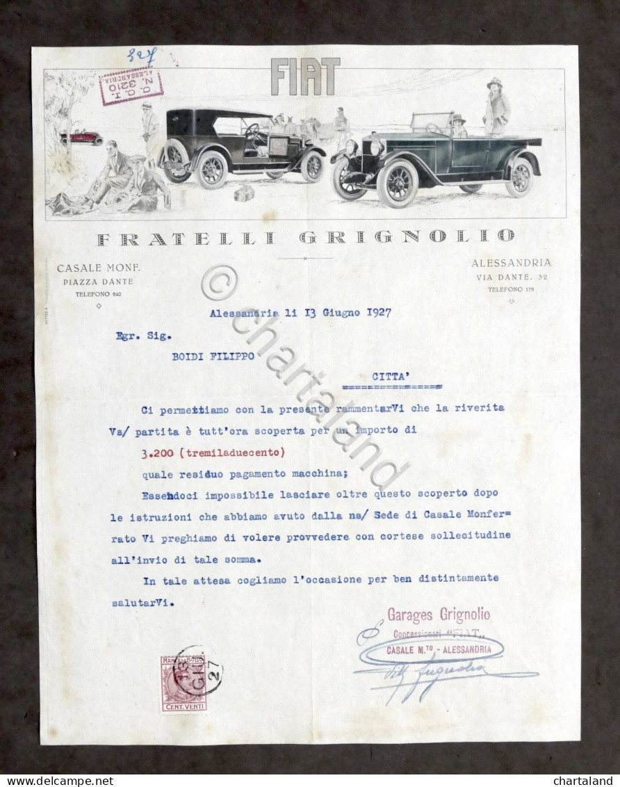 Pubblicità Concessionaria Fiat Grignolio Alessandria - Sollecito Giugno 1927 - Pubblicitari