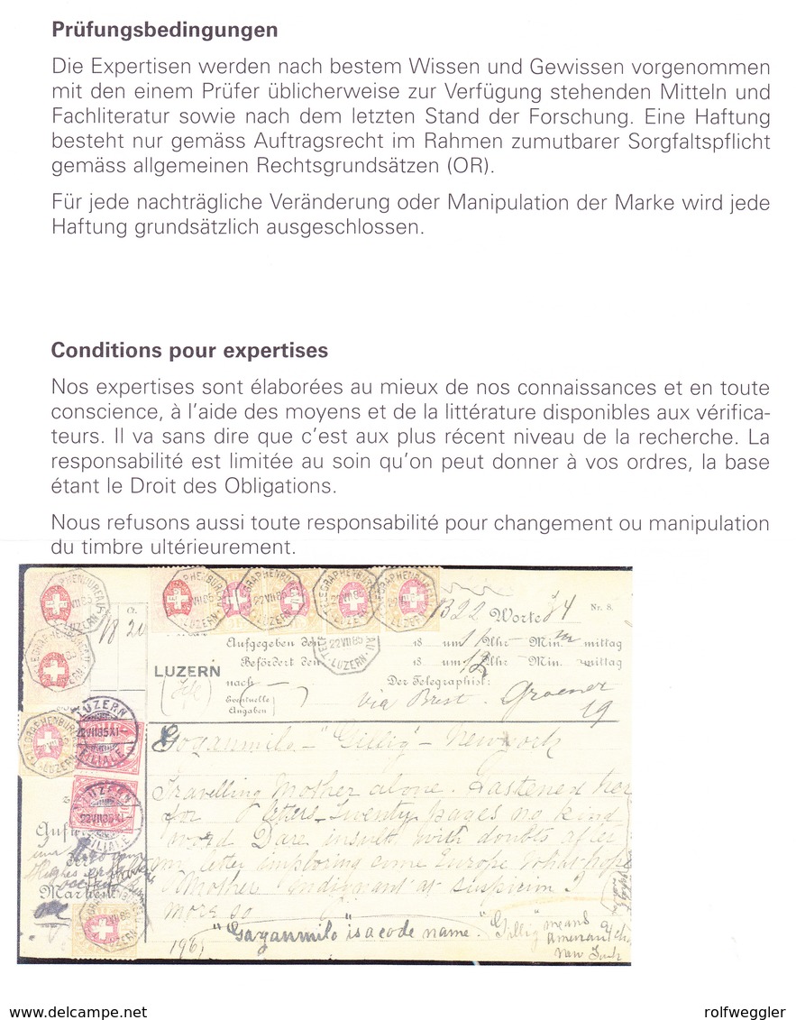 1885 Telegramm Formular Mit 11 Marken  Für 78.20 Fr. Frankatur Stempel Luzern, 34 Worte Nach - Télégraphe