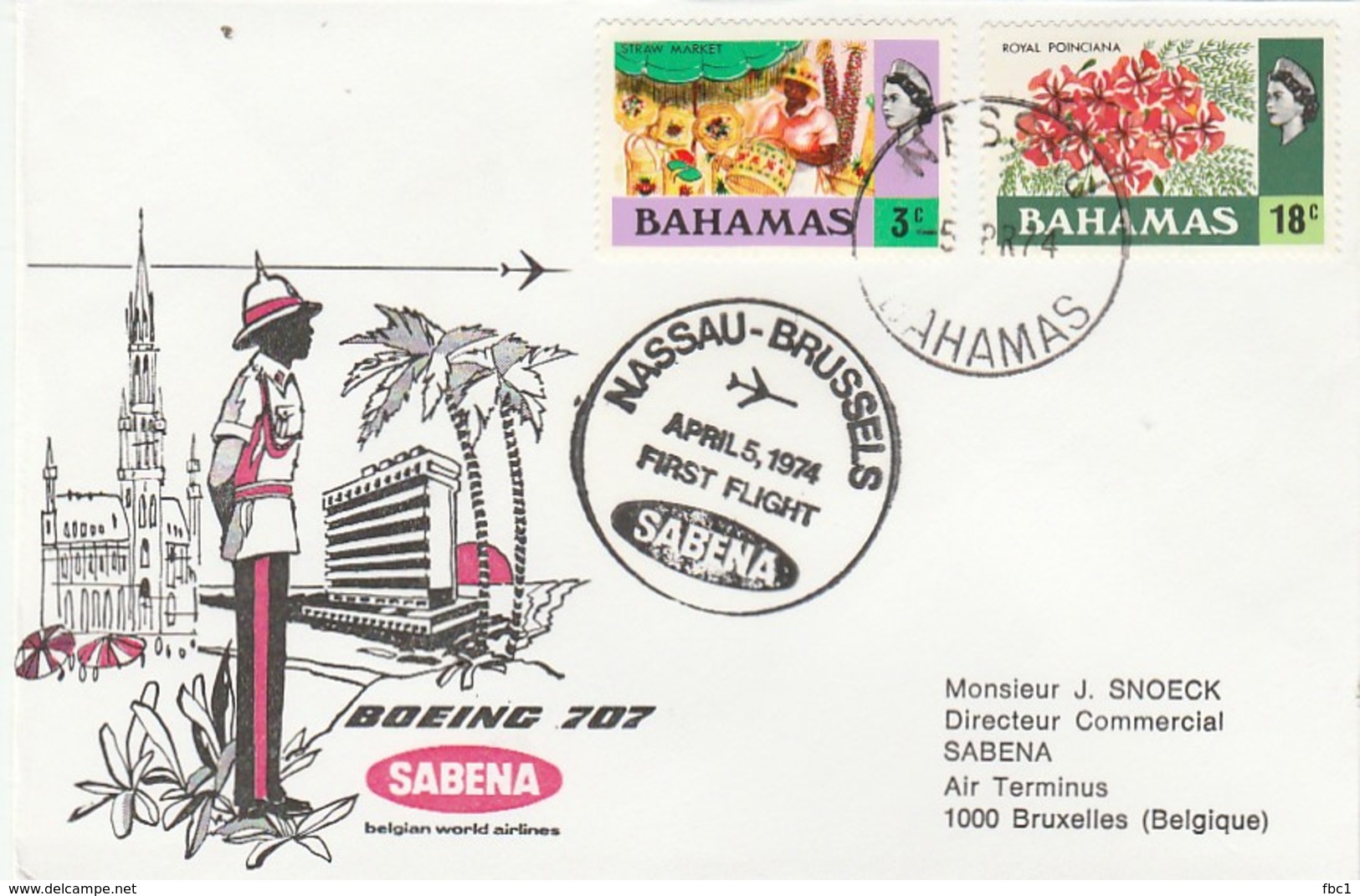 Bahamas - First Flight Boeing 707 Nassau To Brussels 1974 - SABENA - Bahamas (1973-...)