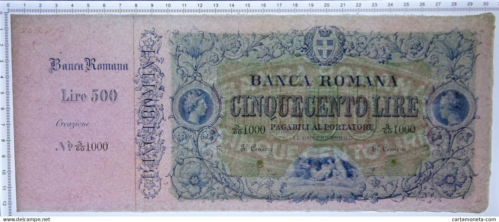 500 LIRE SPECIMEN CON MATRICE BANCA ROMANA REGNO D'ITALIA 24/08/1872 SPL+ - Altri & Non Classificati