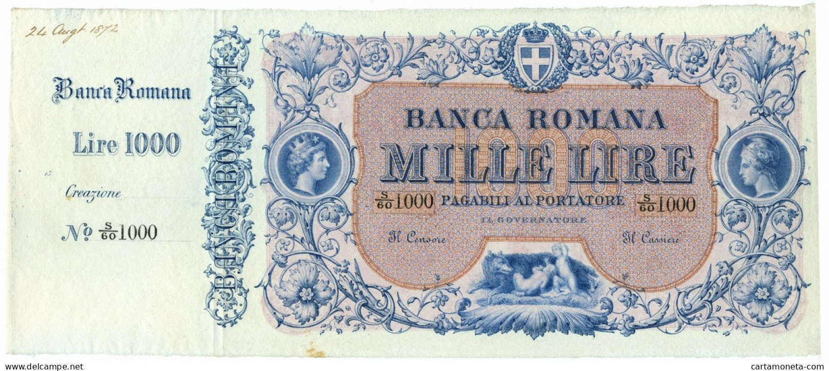 1000 LIRE SPECIMEN CON MATRICE BANCA ROMANA REGNO D'ITALIA 24/08/1872 SPL+ - Altri & Non Classificati