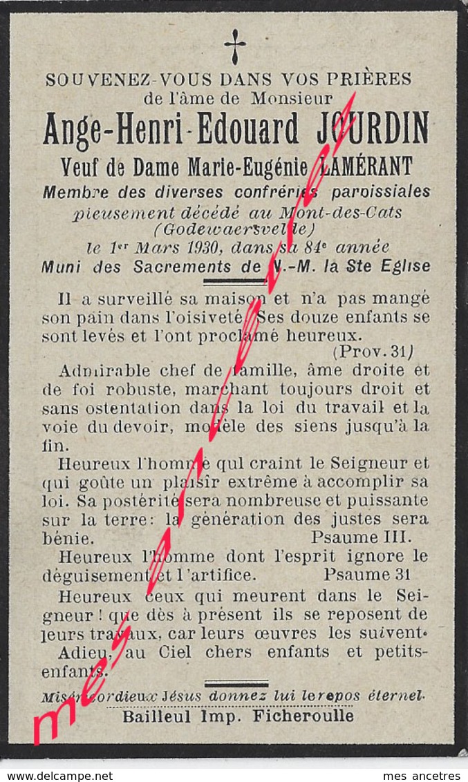 En 1930- Mont Des Cats (Godewaerswelde) (59) Ange JOURDIN Ep Eugénie LAMERANT 84ans - Décès