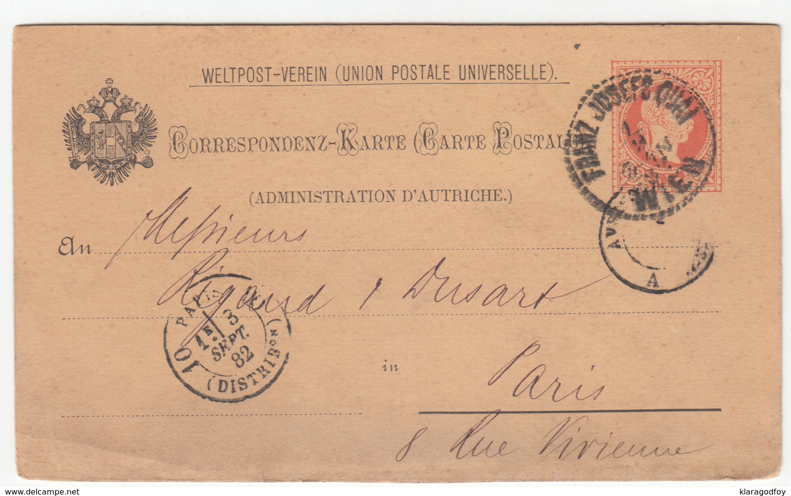 Austria UPU Postal Stationery Postcard Travelled 1882 Schenker & Co., Wien To Paris B190710 - Altri & Non Classificati