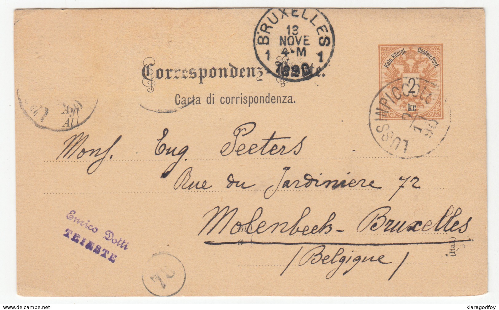 Austria Italian Postal Stationery Postcard Carta Di Corripondenza Travelled 1890 Lussinpiccolo (Mali Lošinj) T Bruxelles - Croatia