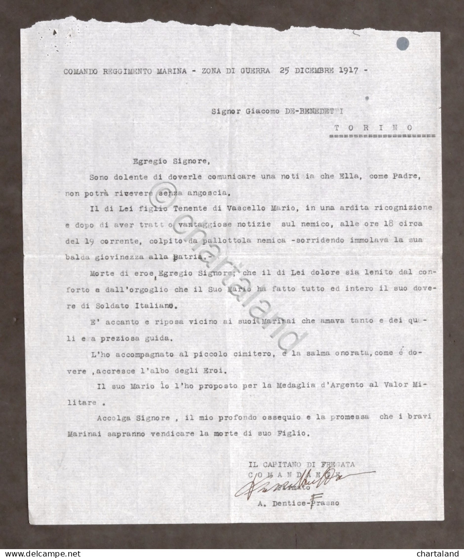 WWI - Comando Marina - Comunicazione Decesso Tenente Al Padre - 25 Dicembre 1917 - Documenti