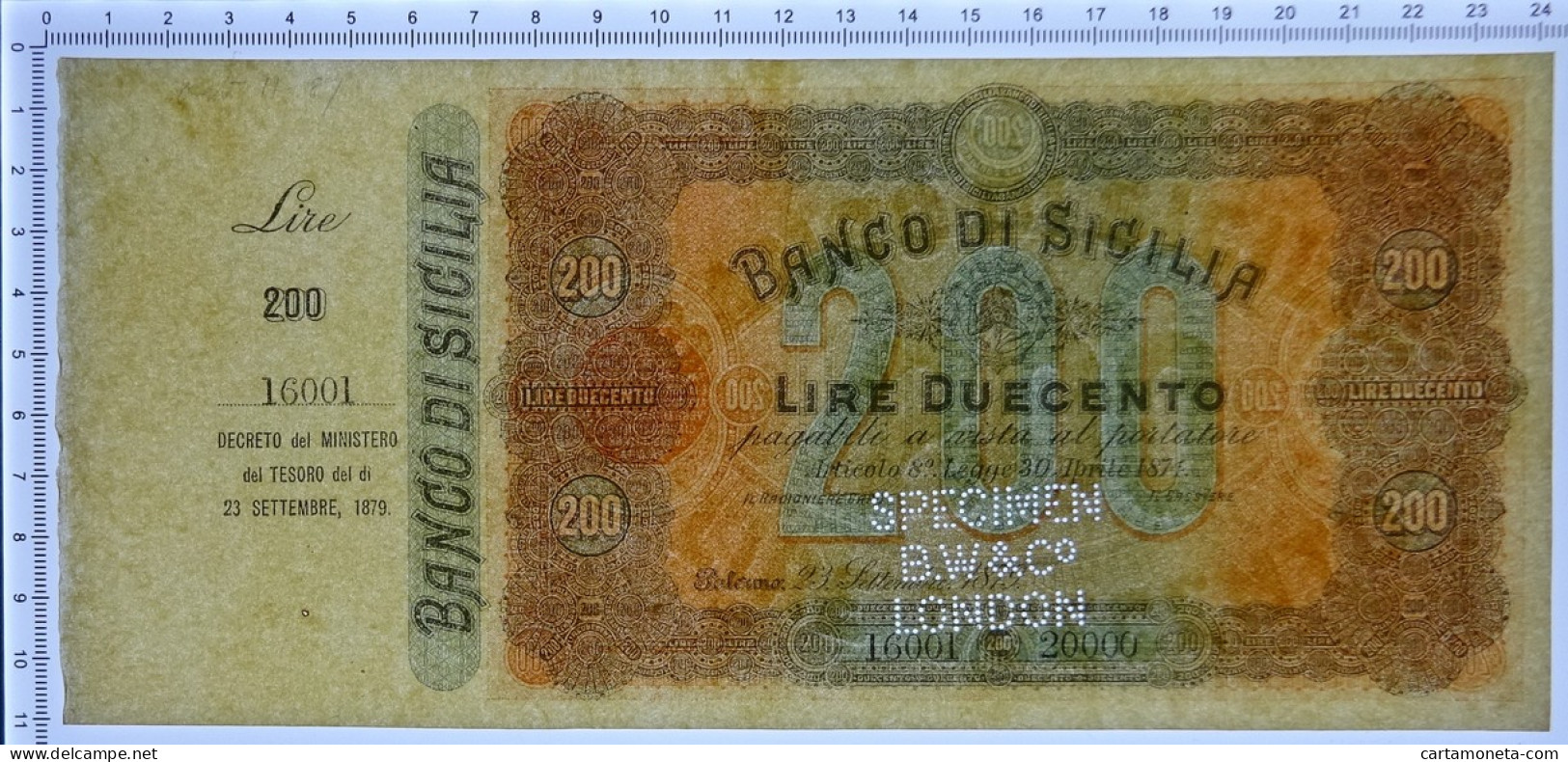 200 LIRE SPECIMEN MATRICE BANCO DI SICILIA BIGLIETTO PORTATORE 23/09/1879 SUP - Altri & Non Classificati