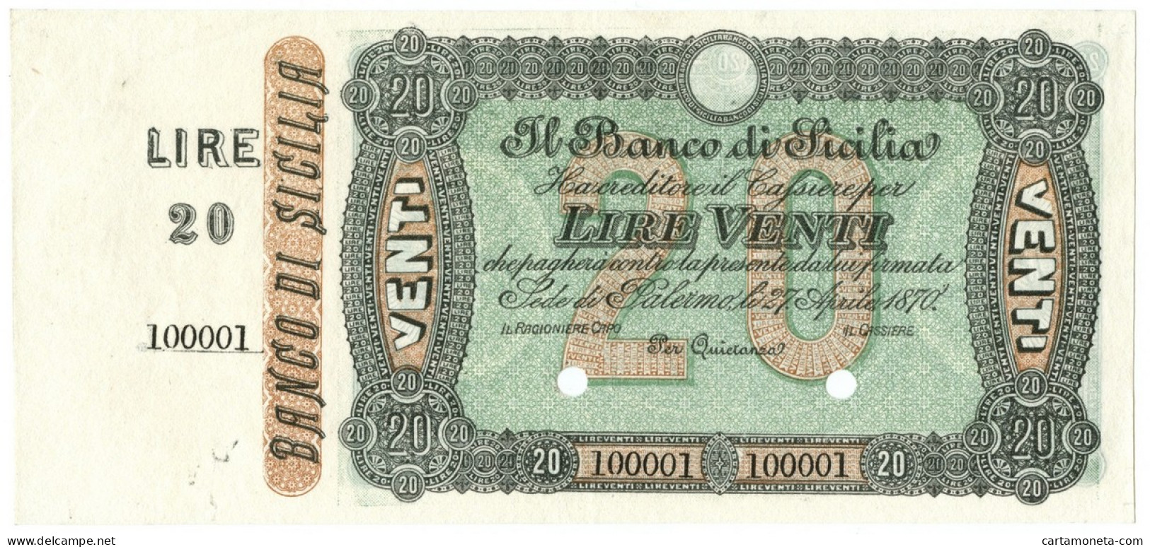 20 LIRE SPECIMEN CON MATRICE BANCO DI SICILIA FEDE DI CREDITO 27/04/1870 SUP - Other & Unclassified