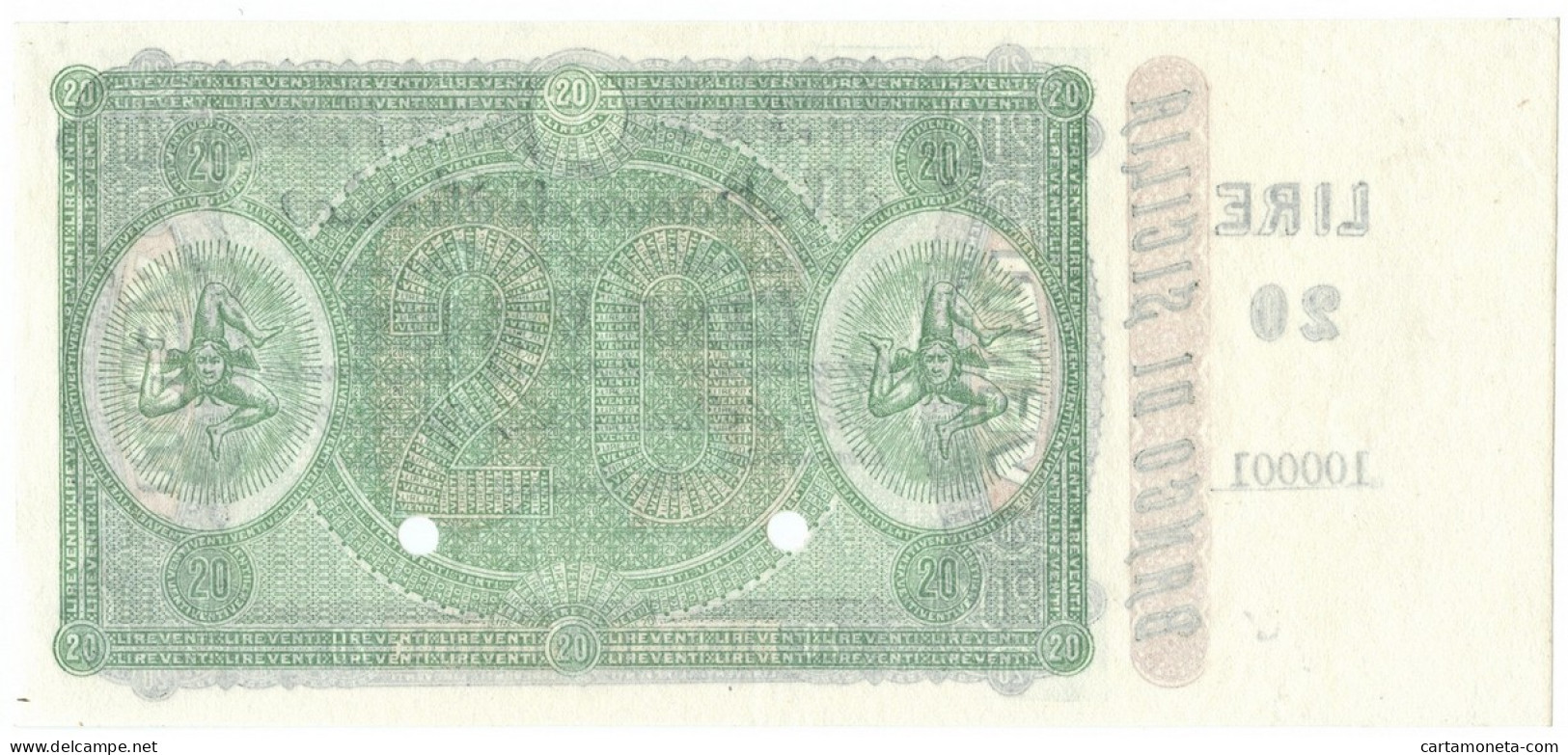 20 LIRE SPECIMEN CON MATRICE BANCO DI SICILIA FEDE DI CREDITO 27/04/1870 SUP - Altri & Non Classificati