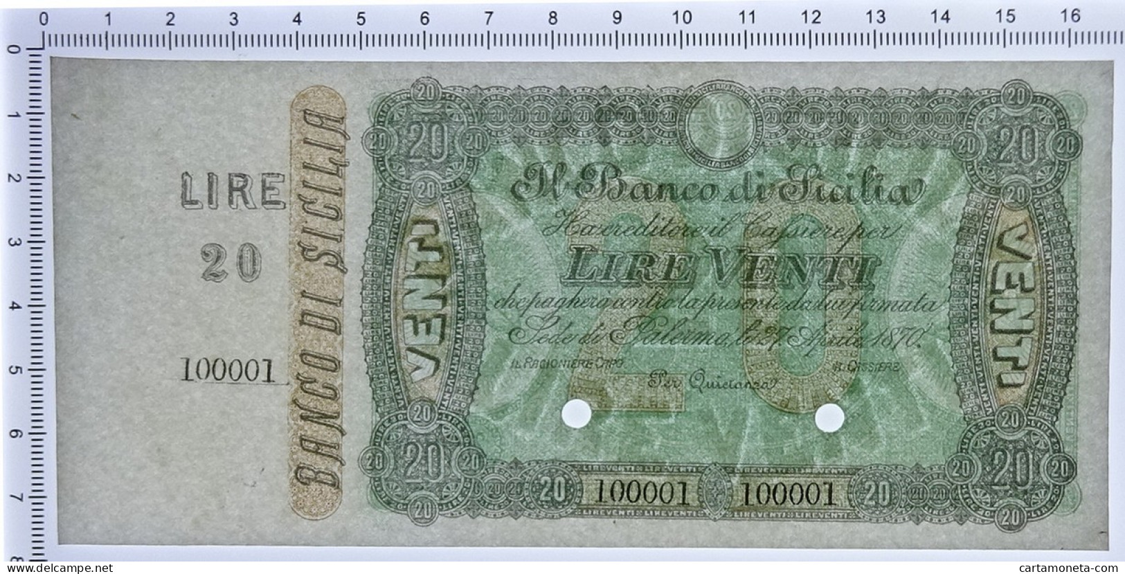 20 LIRE SPECIMEN CON MATRICE BANCO DI SICILIA FEDE DI CREDITO 27/04/1870 SUP - Altri & Non Classificati