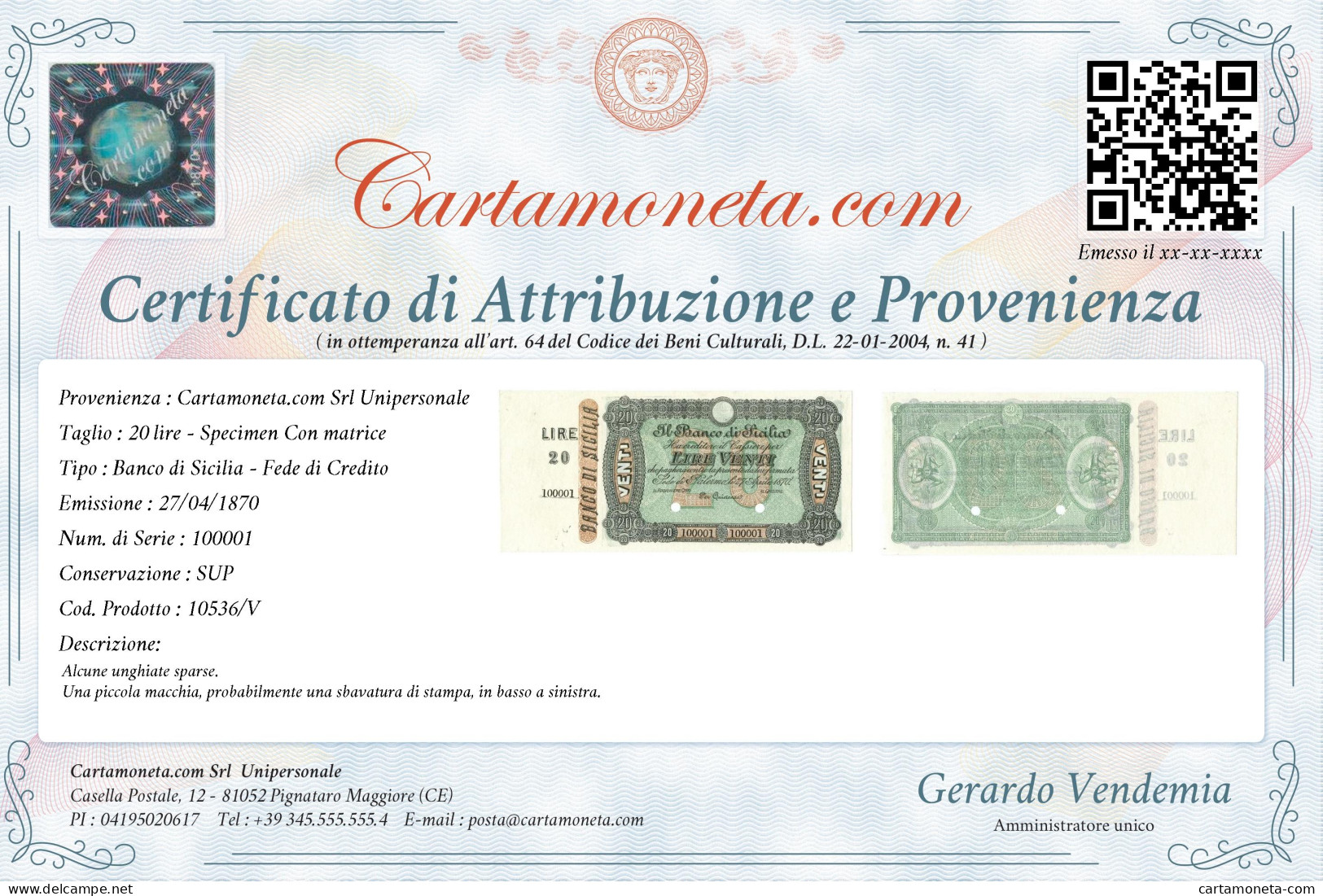 20 LIRE SPECIMEN CON MATRICE BANCO DI SICILIA FEDE DI CREDITO 27/04/1870 SUP - Other & Unclassified