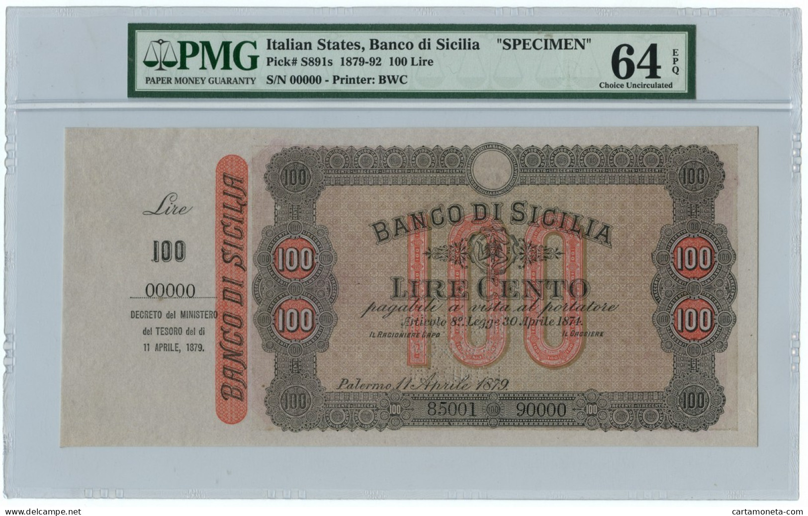 100 LIRE SPECIMEN MATRICE BANCO DI SICILIA BIGLIETTO PORTATORE 11/04/1879 QFDS - Altri & Non Classificati