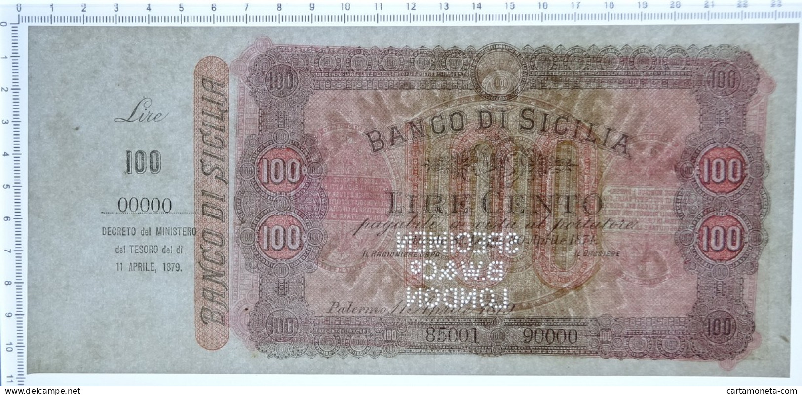 100 LIRE SPECIMEN MATRICE BANCO DI SICILIA BIGLIETTO PORTATORE 11/04/1879 QFDS - Altri & Non Classificati