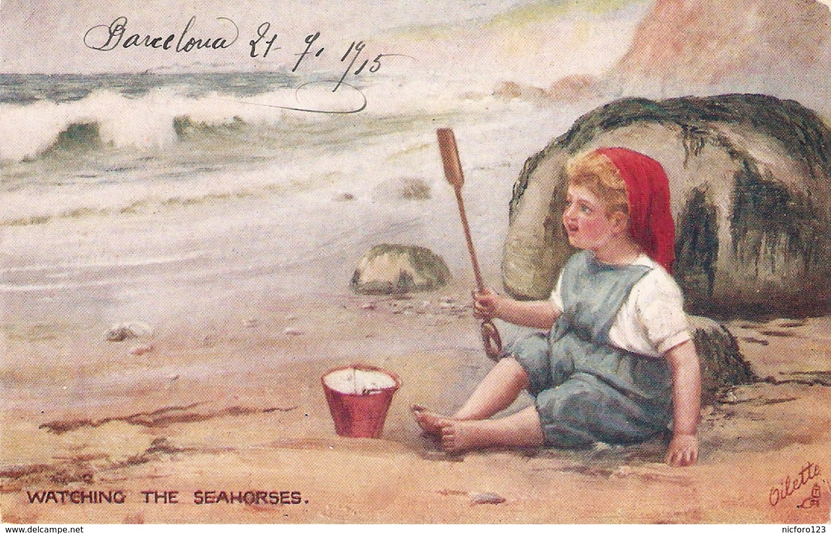 "Girl. Watering The Seashores" Tuck Oilette  Little Folks At The  Seaside Ser. PC # 8 9849 - Tuck, Raphael