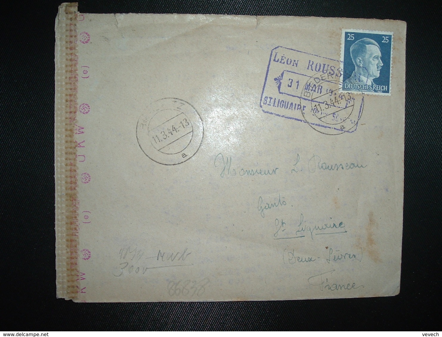 LETTRE Censurée ALLEMAGNE FRANCE TP 25 OBL.11.3. 44 BIEDERITZ - WW II