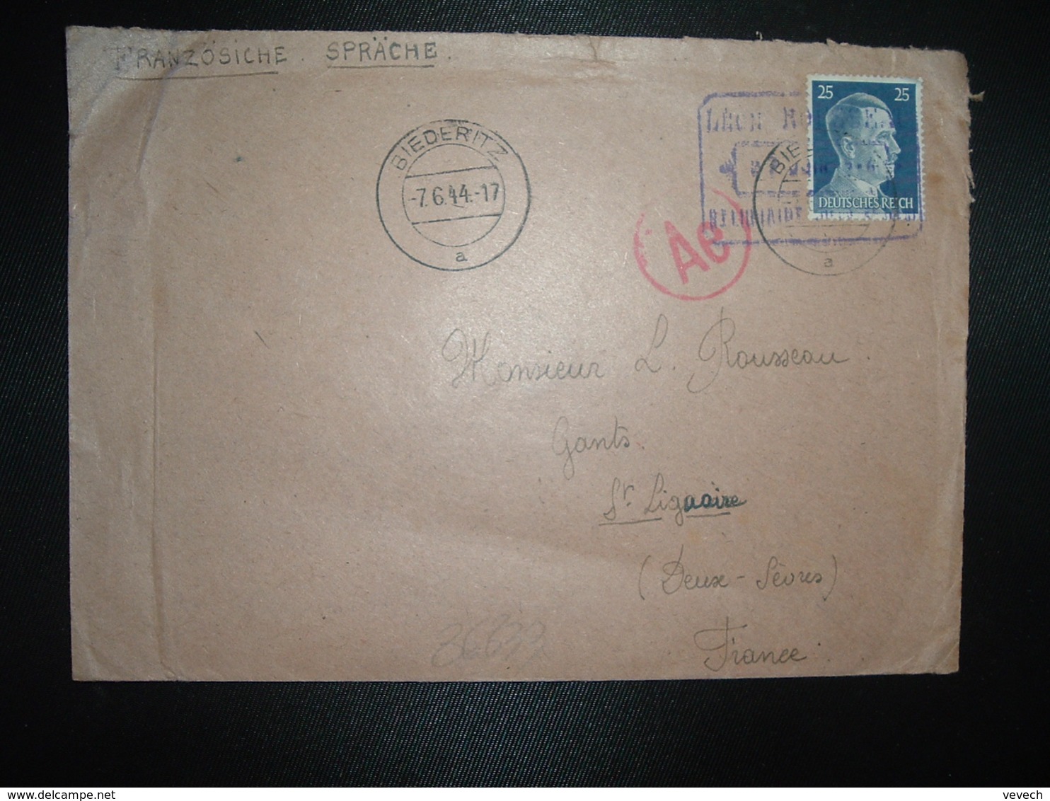 LETTRE Censurée ALLEMAGNE FRANCE TP 25 OBL.7.6. 44 BIEDERITZ - Guerre De 1939-45