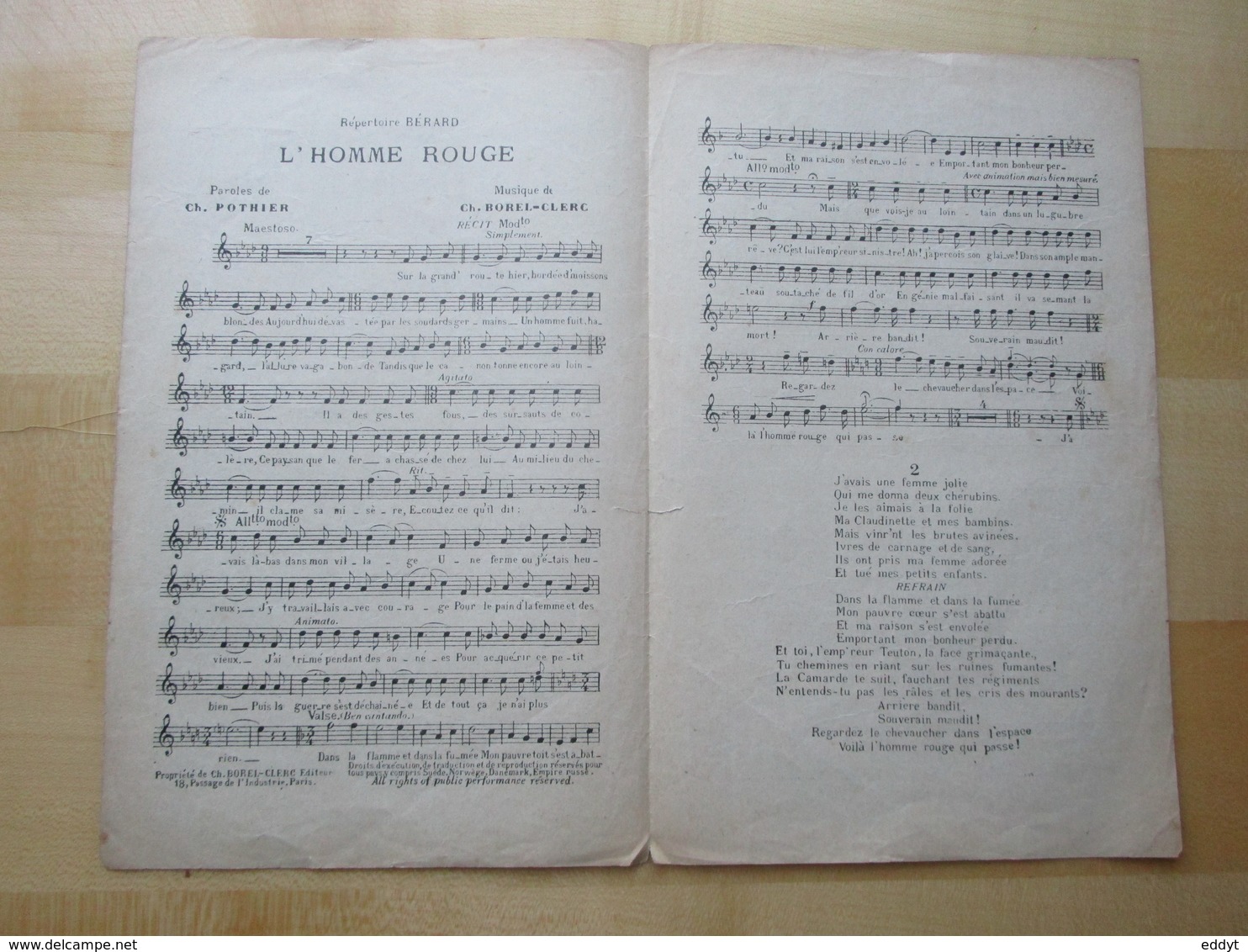Ancienne PARTITION - " L'HOMME ROUGE  "  ChanSON DRAMATIQUE  De BERARD - Partitions Musicales Anciennes