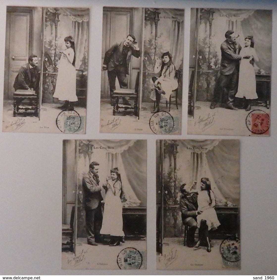 Illustrateur: Bergeret ?? - Lot De Cinq Cartes Postales - LES CINQ SENS - Circulé: 1909 - 2 Scans - 1900-1949