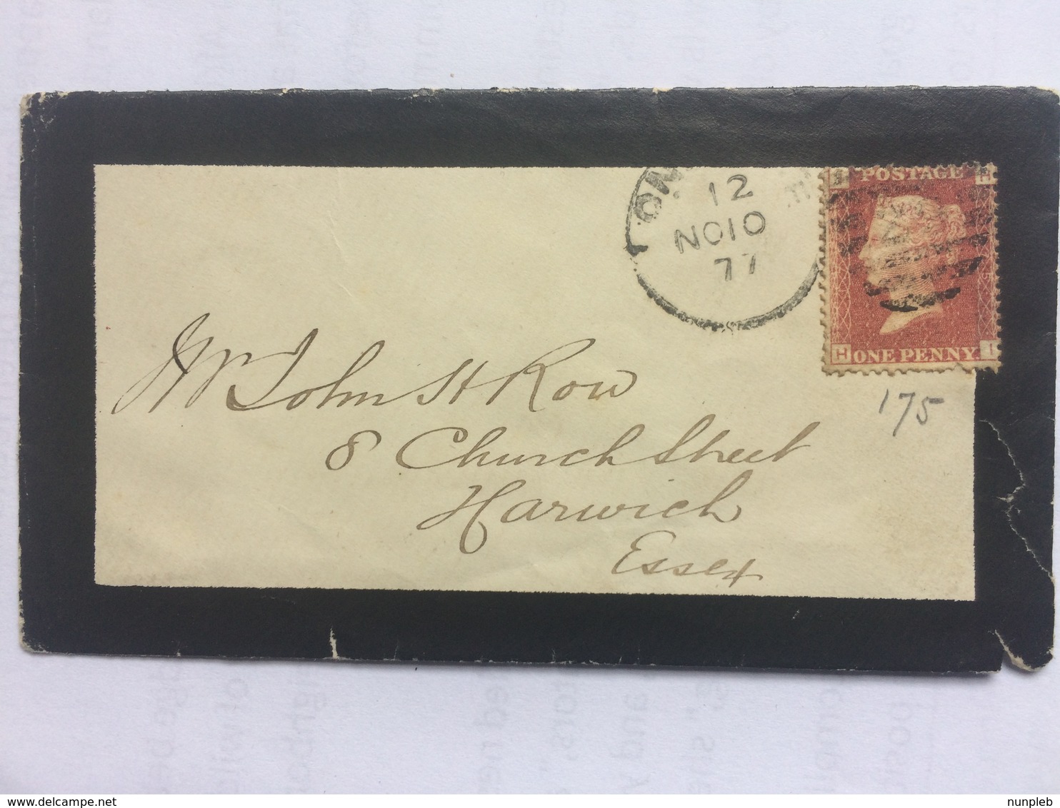 GB VICTORIA 1877 Mourning Cover London To Harwich Tied With 1d Red Plate 175 - Brieven En Documenten