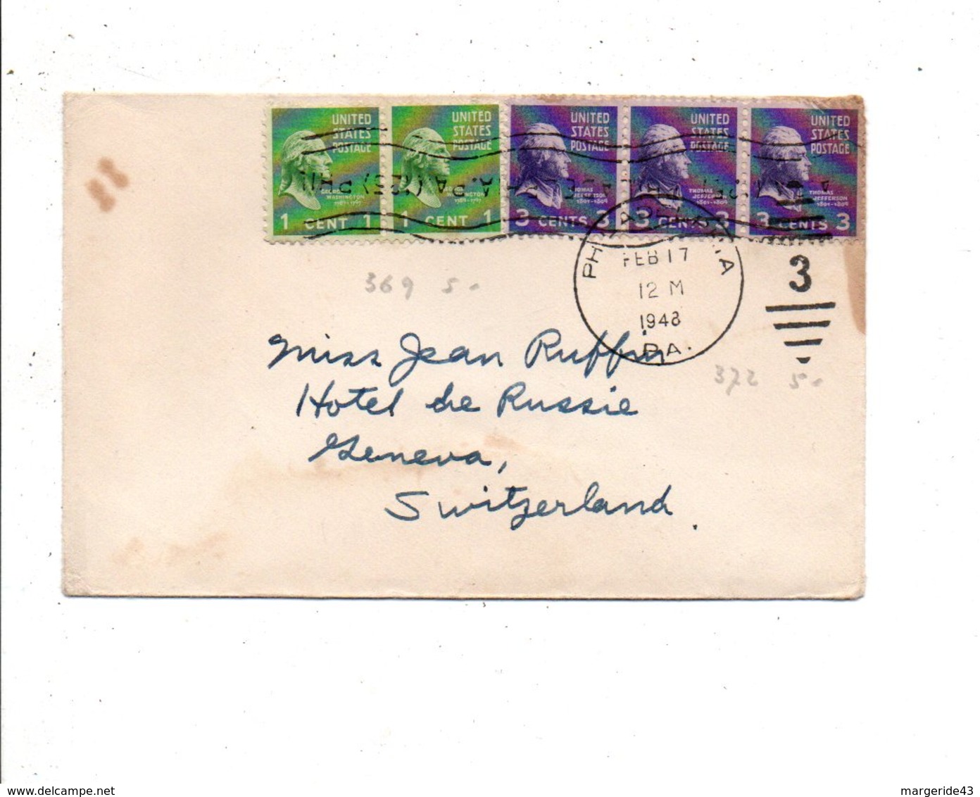 ETATS UNIS USA AFFRANCHISSEMENT COMPOSE SUR LETTRE DE PHILADELPHIE POUR LA SUISSE 1948 - Covers & Documents