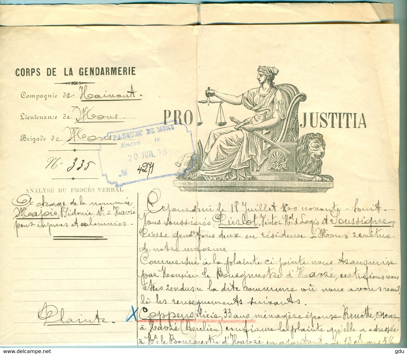 Procès-verbal Gendarmerie Belge 1898 ( Relatif à Injures / Calomnies) - Documents Historiques