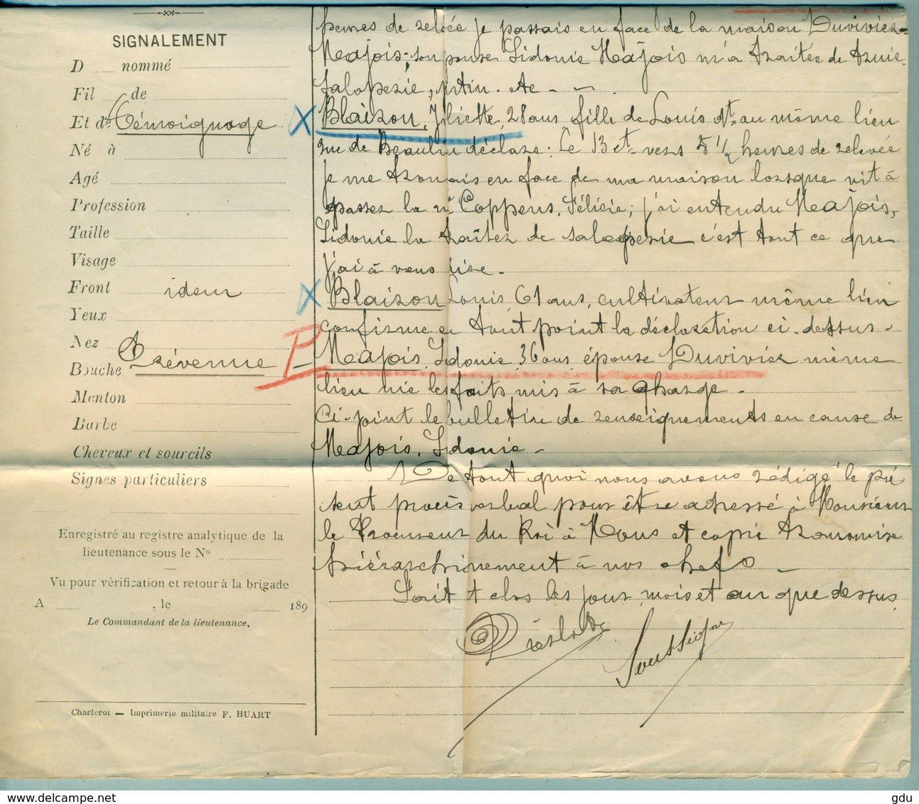 Procès-verbal Gendarmerie Belge 1898 ( Relatif à Injures / Calomnies) - Documents Historiques