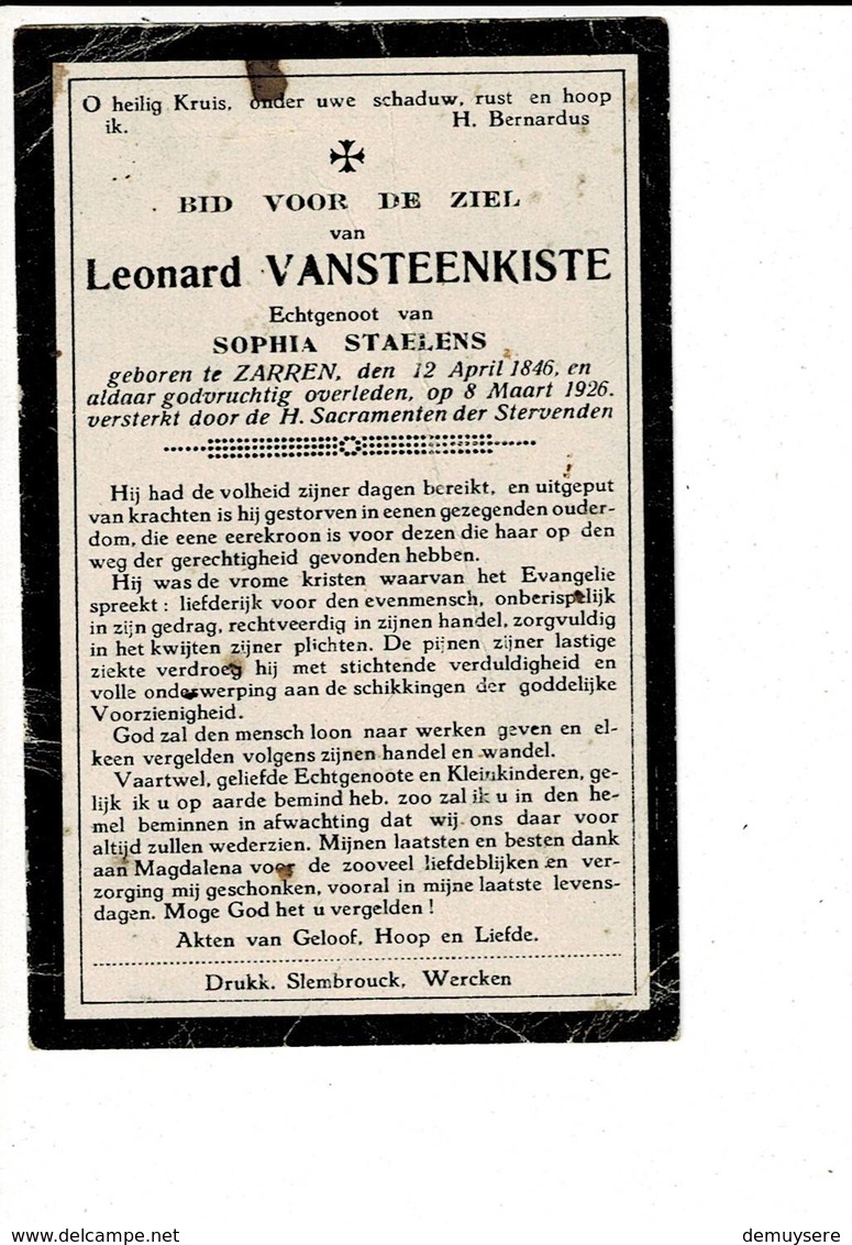 DP 7957 - LEONARD VANSTEENKISTE - ZARREN 1846 + 1926 - Devotieprenten