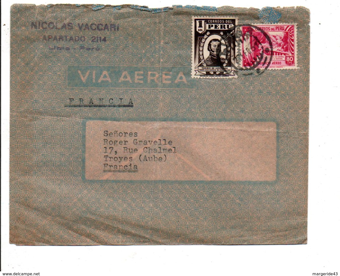 PEROU AFFRANCHISSEMENT COMPOSE SUR LETTRE AVION DE LIMA POUR LA FRANCE 1951 - Prince Edward (Island)