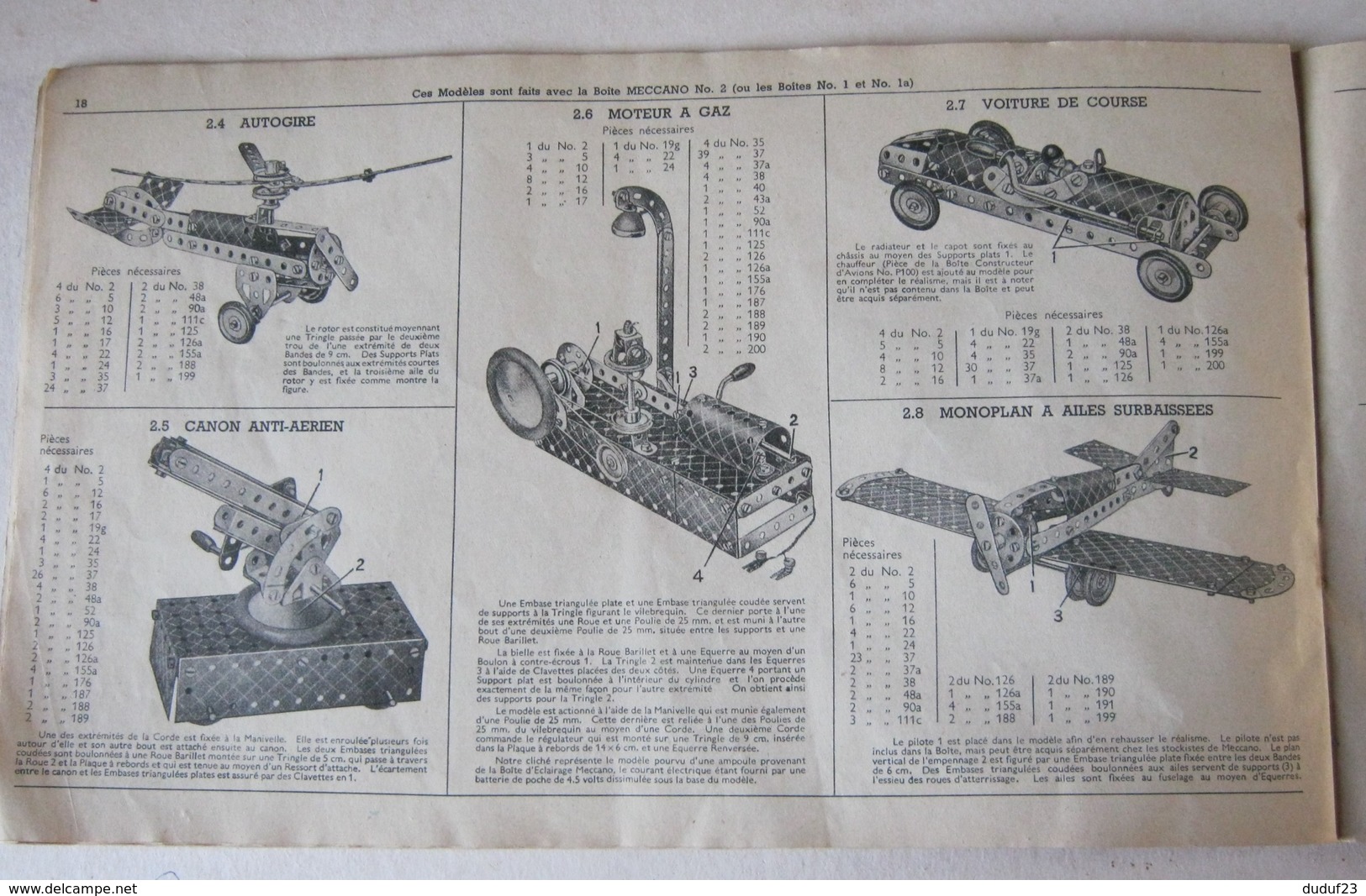 CATALOGUE MECCANO N°42.2 INSTRUCTIONS POUR L'EMPLOI DE LA BOITE N°2 - Meccano