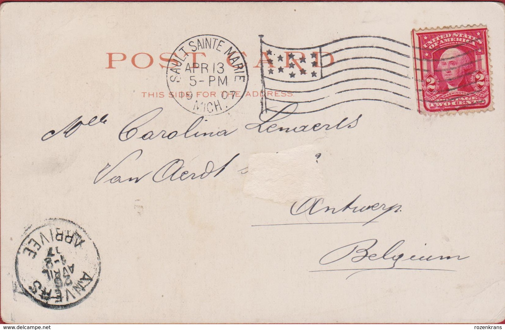 Sault Ste. Marie Michigan Unites States Stamp Washington 2 Cents 1907 Obliteration Stamp Cachet To Anvers - Brieven En Documenten