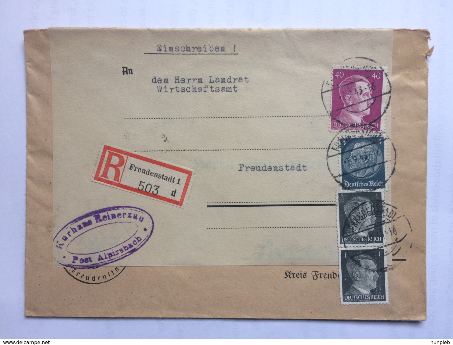 GERMANY 1943 Registered Freudenstadt Cover With Kurhaus Reinerzau Post Alpirsbach Cachet - Briefe U. Dokumente