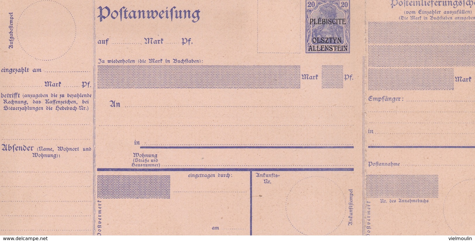 ALLEMAGNE ENTIER POSTAL SURCHARGE PLEBISCITE OLSZTYN ALLENSTEIN DEUTSCHES REICH 20 DOUBLE FEUILLET RARE !!! - Autres & Non Classés