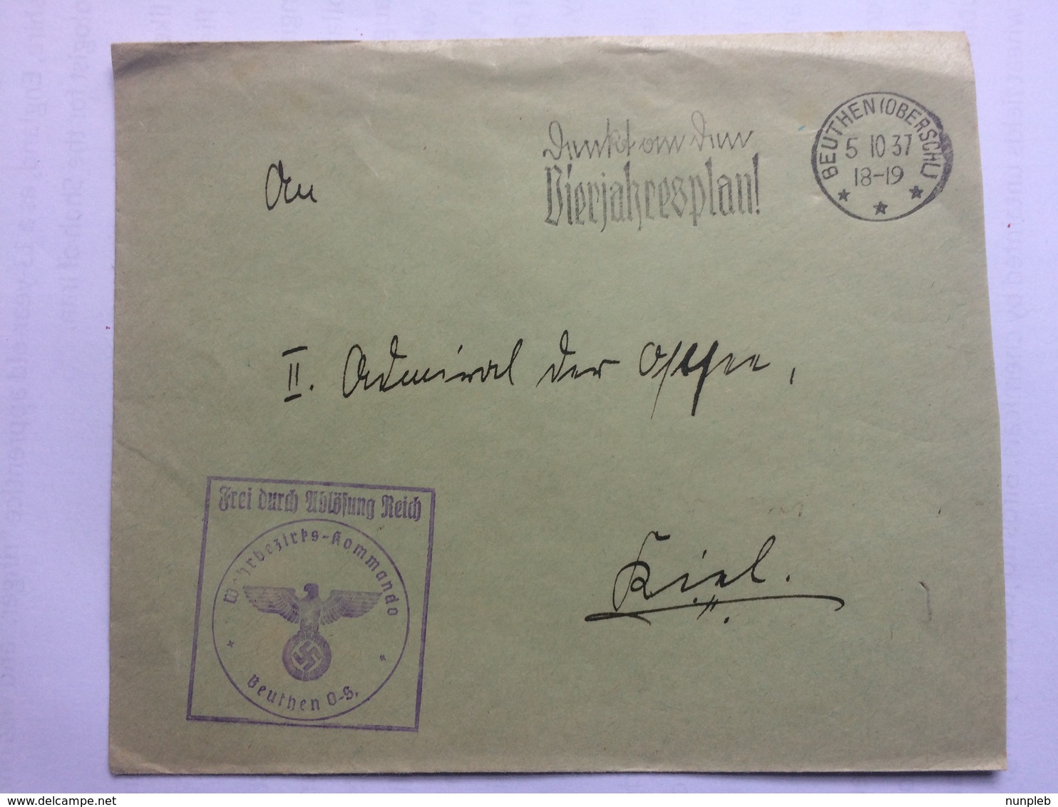 GERMANY 1937 Cover `frei Durch Ublösung Reich` Cachet - Beuthen Oberschu To Kiel - Lettres & Documents