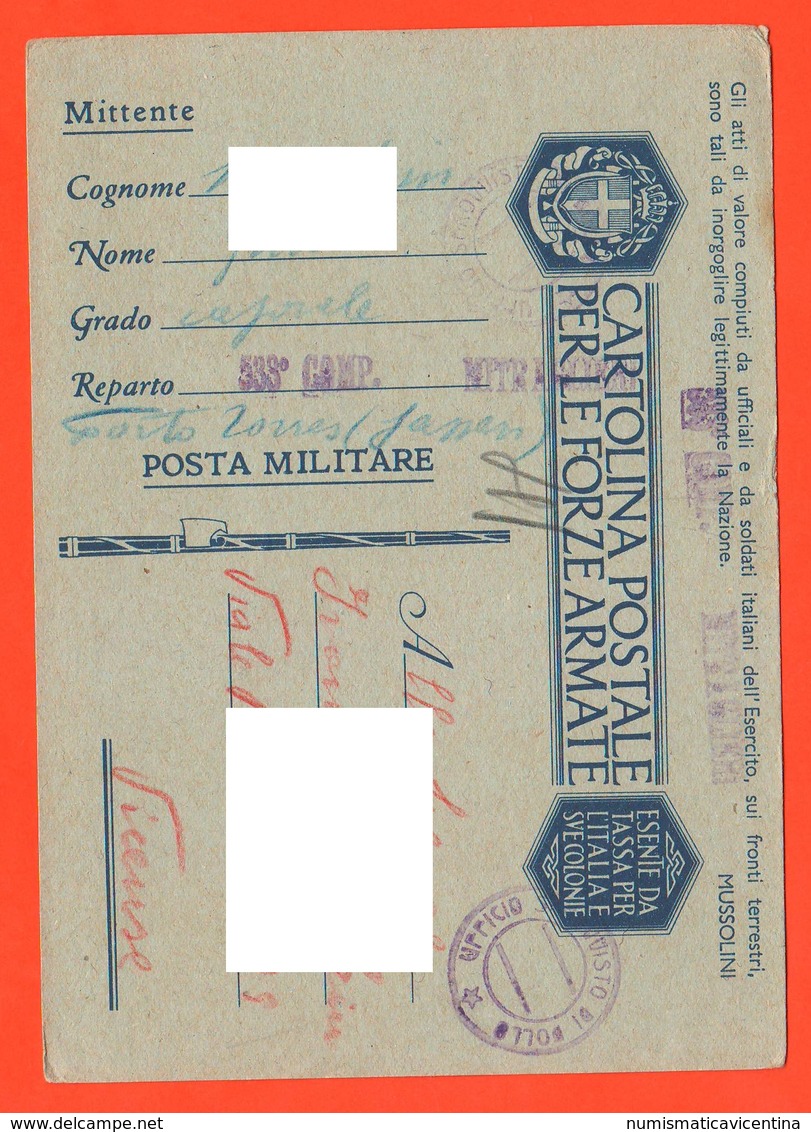 533° Compagnia Mitragliatrici Porto Torres Sardegna  Posta Militare 1942 X Vicenza FRANCHIGIA Forze Armate - Posta Militare (PM)